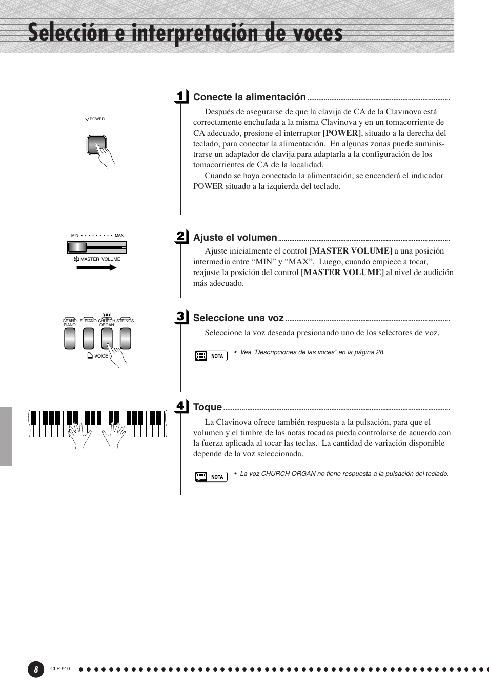 Selección e interpretación de voces, Conecte la alimentación, Ajuste el volumen | Seleccione una voz, Toque | Yamaha CLP-910 User Manual | Page 8 / 32