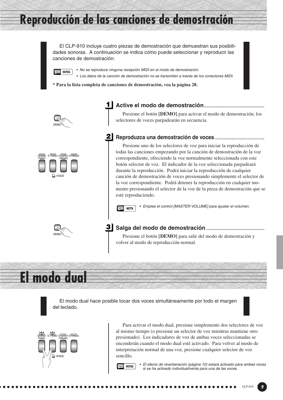 El modo dual, Reproducción de las canciones de demostración, Active el modo de demostración | Reproduzca una demostración de voces, Salga del modo de demostración | Yamaha CLP-910 User Manual | Page 9 / 32