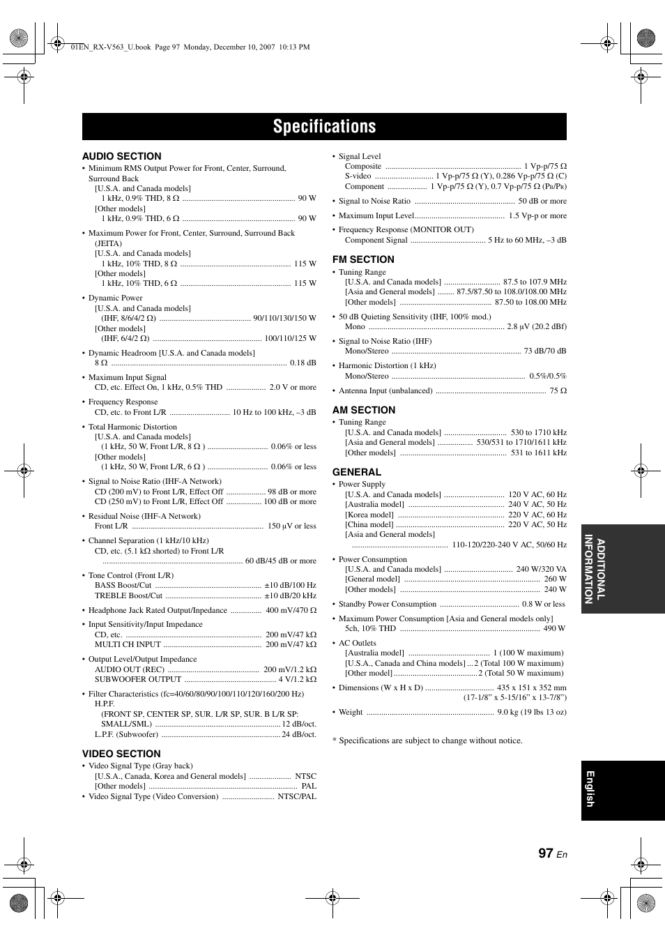 Specifications | Yamaha RX-V563 User Manual | Page 101 / 111