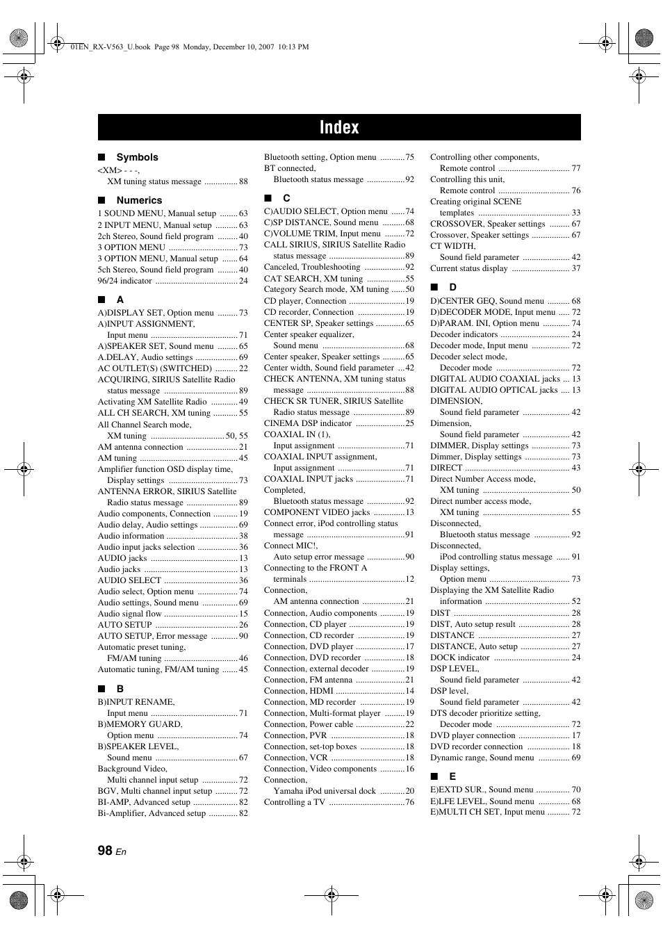 Index | Yamaha RX-V563 User Manual | Page 102 / 111