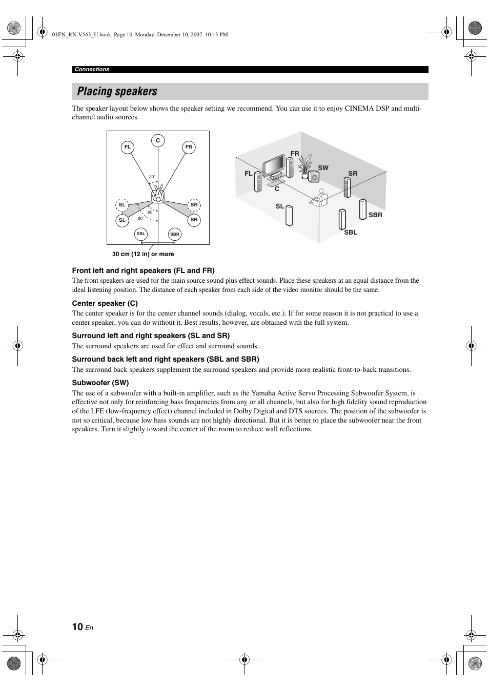 Placing speakers | Yamaha RX-V563 User Manual | Page 14 / 111