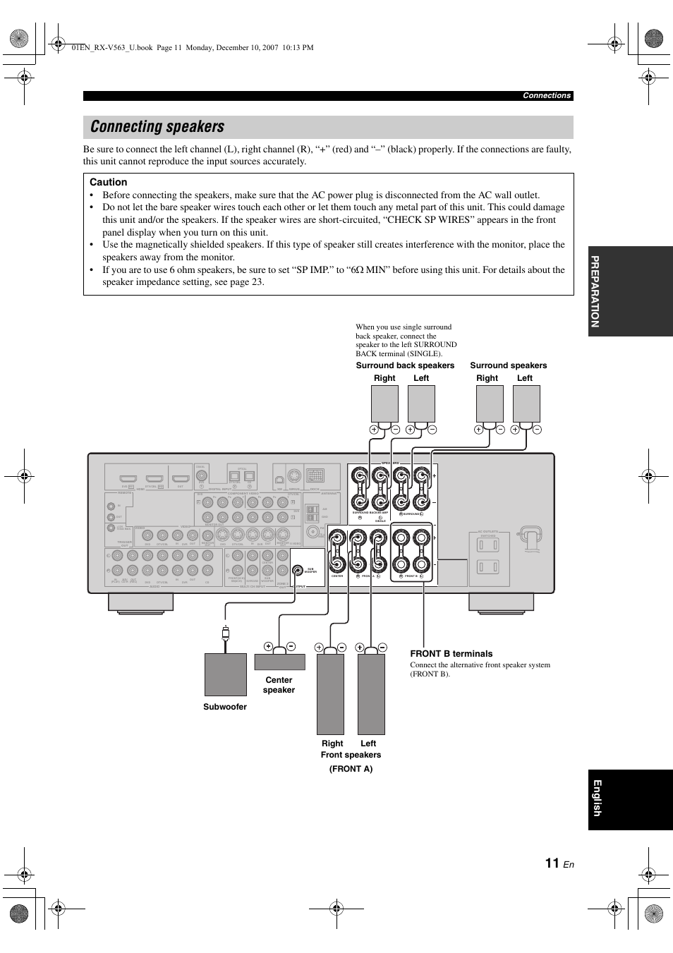 Connecting speakers, Left, Left right right front b terminals | Surround back speakers, Connections | Yamaha RX-V563 User Manual | Page 15 / 111