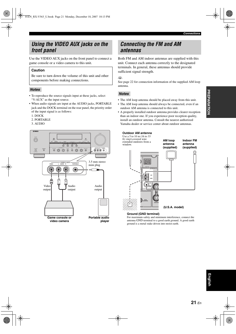 Using the video aux jacks on the front panel, Connecting the fm and am antennas | Yamaha RX-V563 User Manual | Page 25 / 111