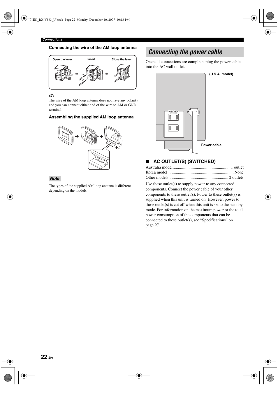 Connecting the power cable | Yamaha RX-V563 User Manual | Page 26 / 111