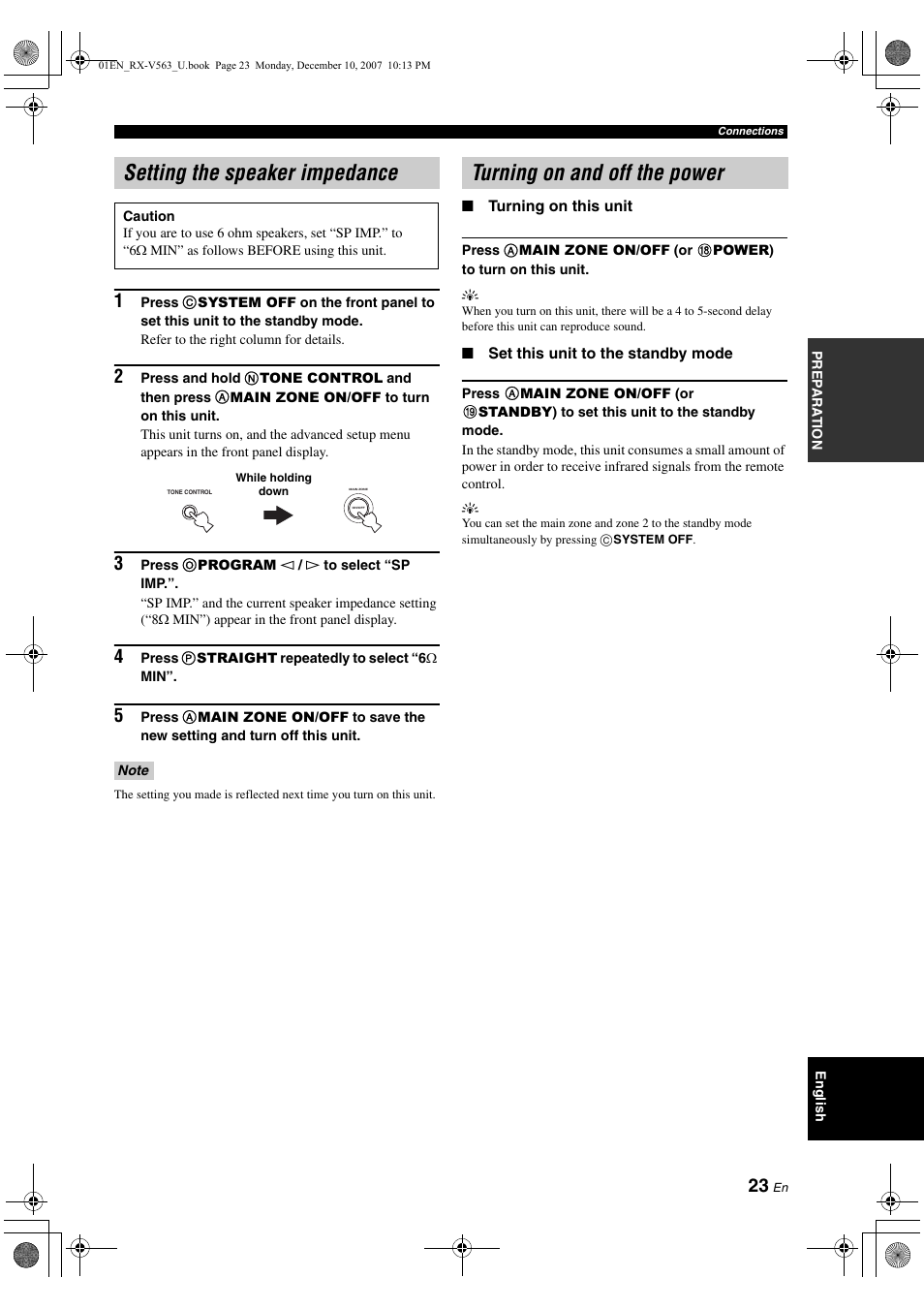 Setting the speaker impedance, Turning on and off the power | Yamaha RX-V563 User Manual | Page 27 / 111