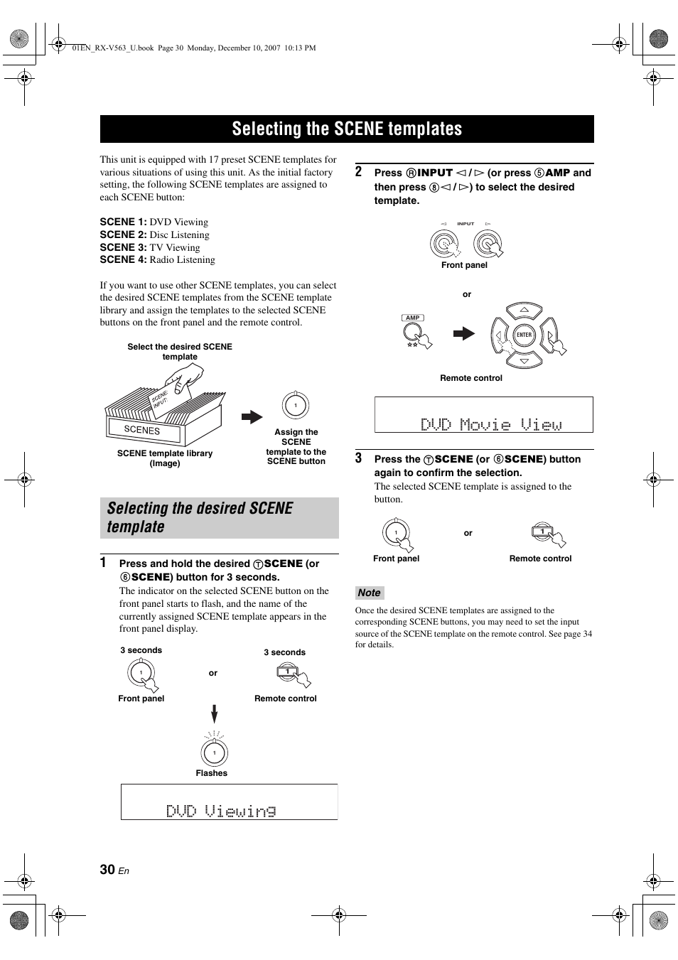 Selecting the scene templates, Selecting the desired scene template, Dvd viewing | Dvd movie view | Yamaha RX-V563 User Manual | Page 34 / 111