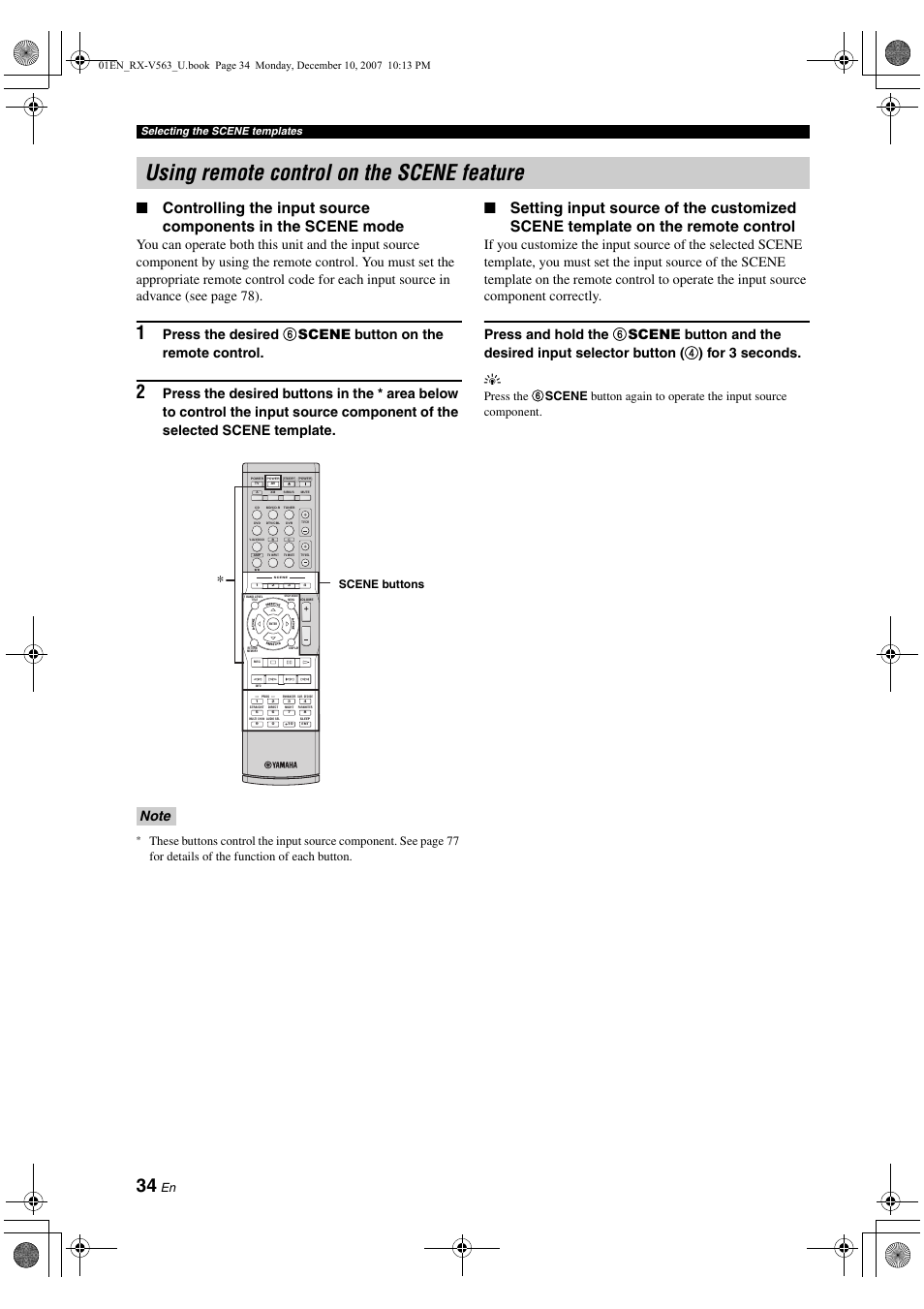 Using remote control on the scene feature, Scene buttons, Selecting the scene templates | Yamaha RX-V563 User Manual | Page 38 / 111