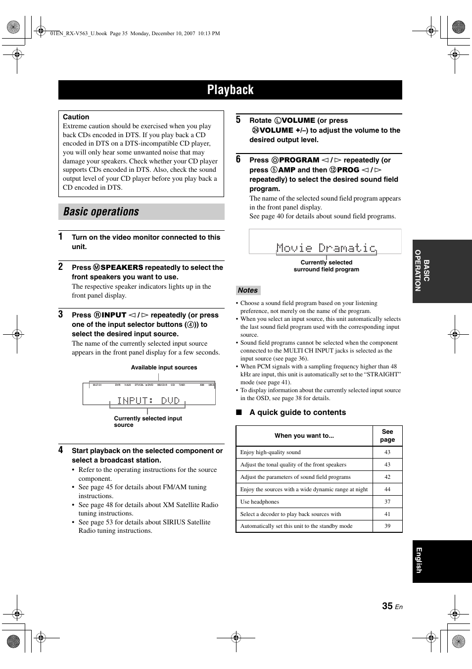 Playback, Basic operations, Movie dramatic | Input: dvd | Yamaha RX-V563 User Manual | Page 39 / 111