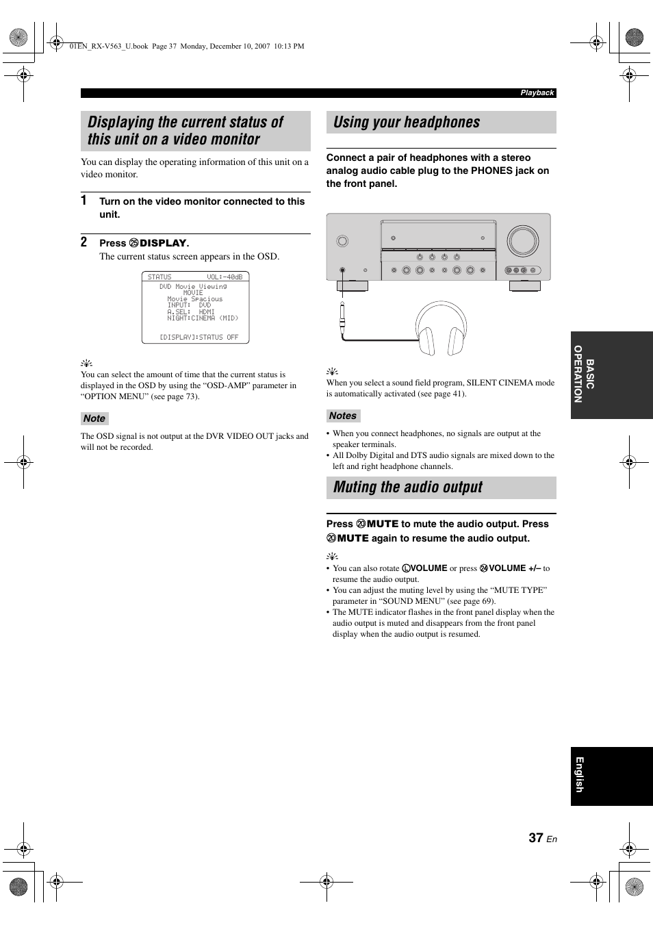 Using your headphones, Muting the audio output | Yamaha RX-V563 User Manual | Page 41 / 111
