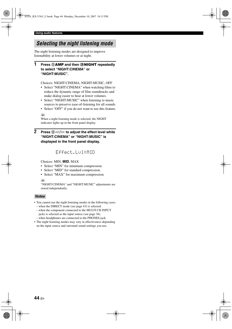 Selecting the night listening mode, Effect.lvl:mid | Yamaha RX-V563 User Manual | Page 48 / 111