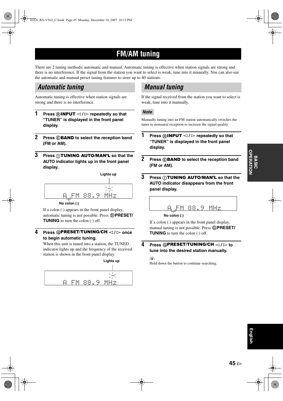 Fm/am tuning, Automatic tuning, Manual tuning | A fm 88.9 mhz | Yamaha RX-V563 User Manual | Page 49 / 111