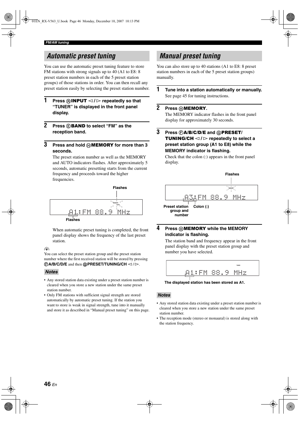 Automatic preset tuning, Manual preset tuning, A1:fm 88.9 mhz | A3:fm 88.9 mhz | Yamaha RX-V563 User Manual | Page 50 / 111