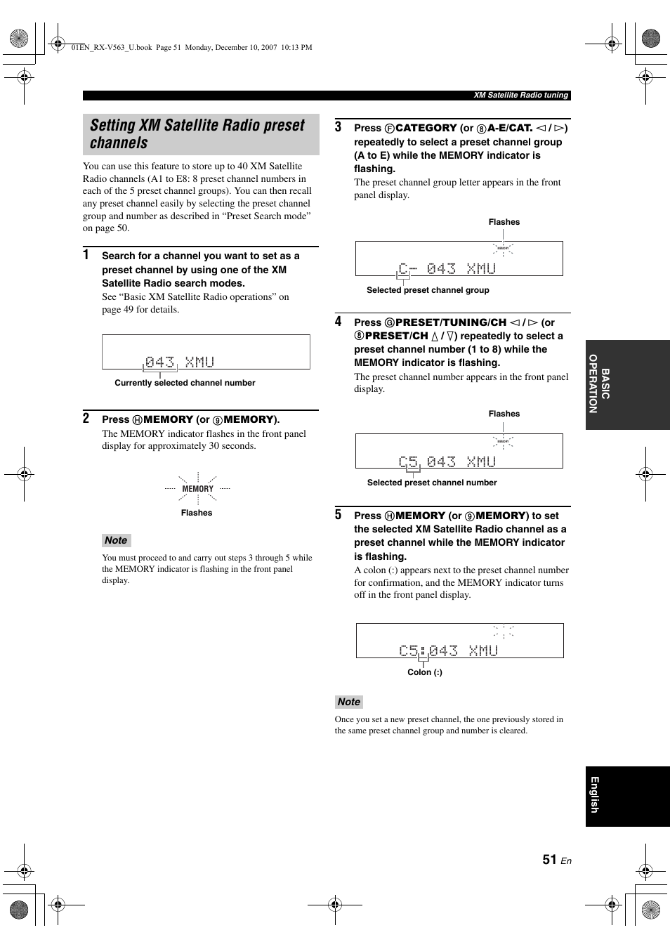 Setting xm satellite radio preset channels, 043 xmu, C- 043 xmu | C5 043 xmu, C5:043 xmu | Yamaha RX-V563 User Manual | Page 55 / 111