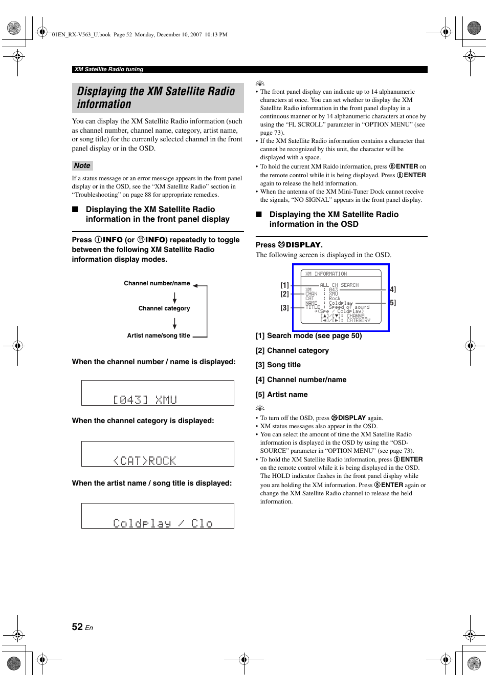 Displaying the xm satellite radio information, Cat>rock coldplay / clo, 043] xmu | Yamaha RX-V563 User Manual | Page 56 / 111