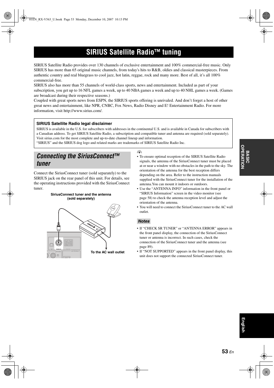 Sirius satellite radio™ tuning, Connecting the siriusconnect™ tuner | Yamaha RX-V563 User Manual | Page 57 / 111