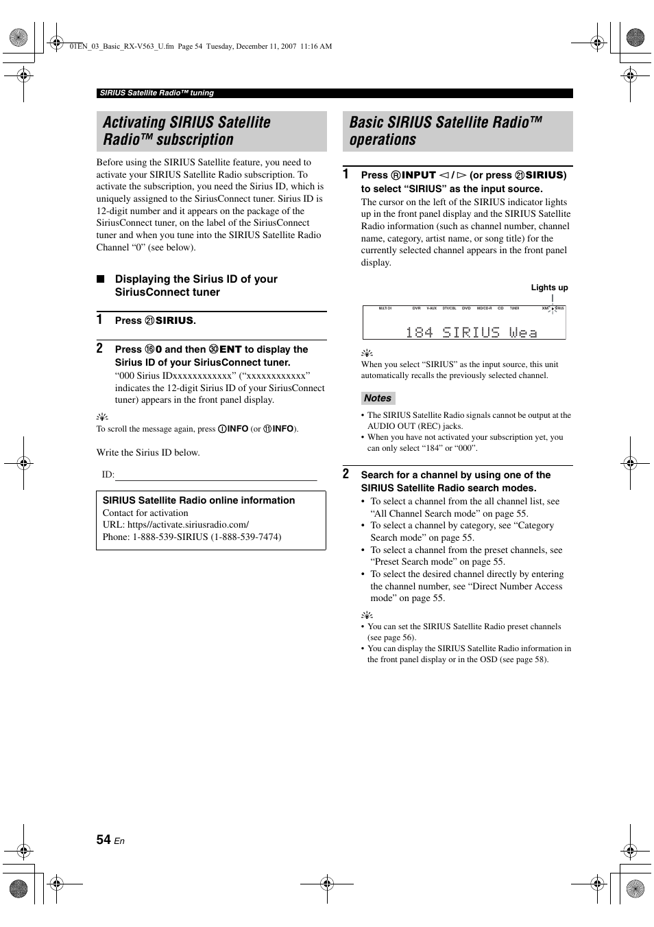 Activating sirius satellite radio™ subscription, Basic sirius satellite radio™ operations, 184 sirius wea | Yamaha RX-V563 User Manual | Page 58 / 111