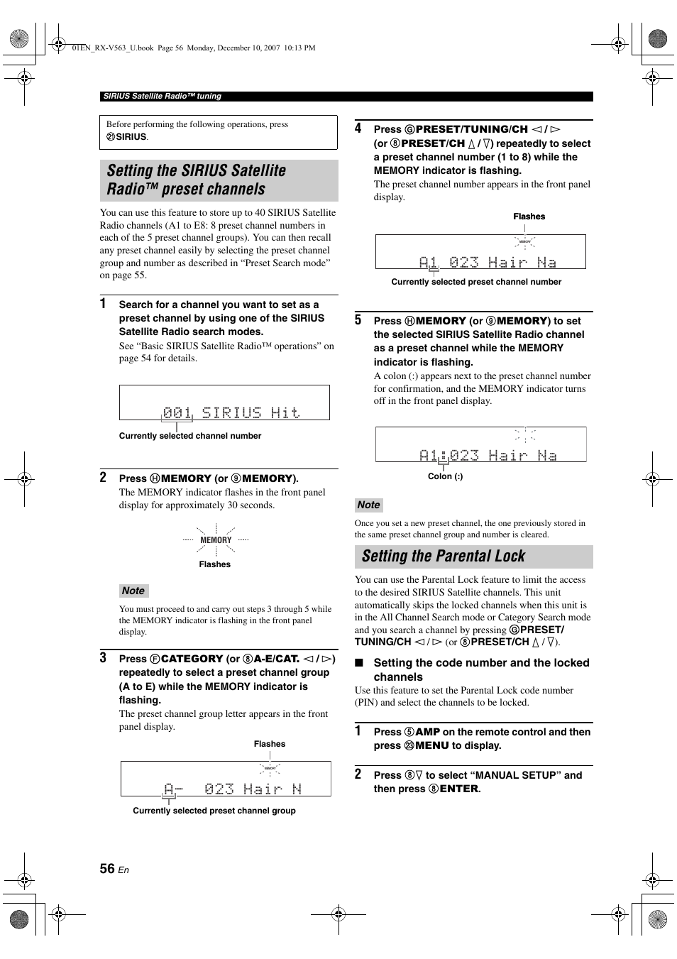 Setting the parental lock, 001 sirius hit, A- 023 hair n | A1 023 hair na, A1:023 hair na | Yamaha RX-V563 User Manual | Page 60 / 111