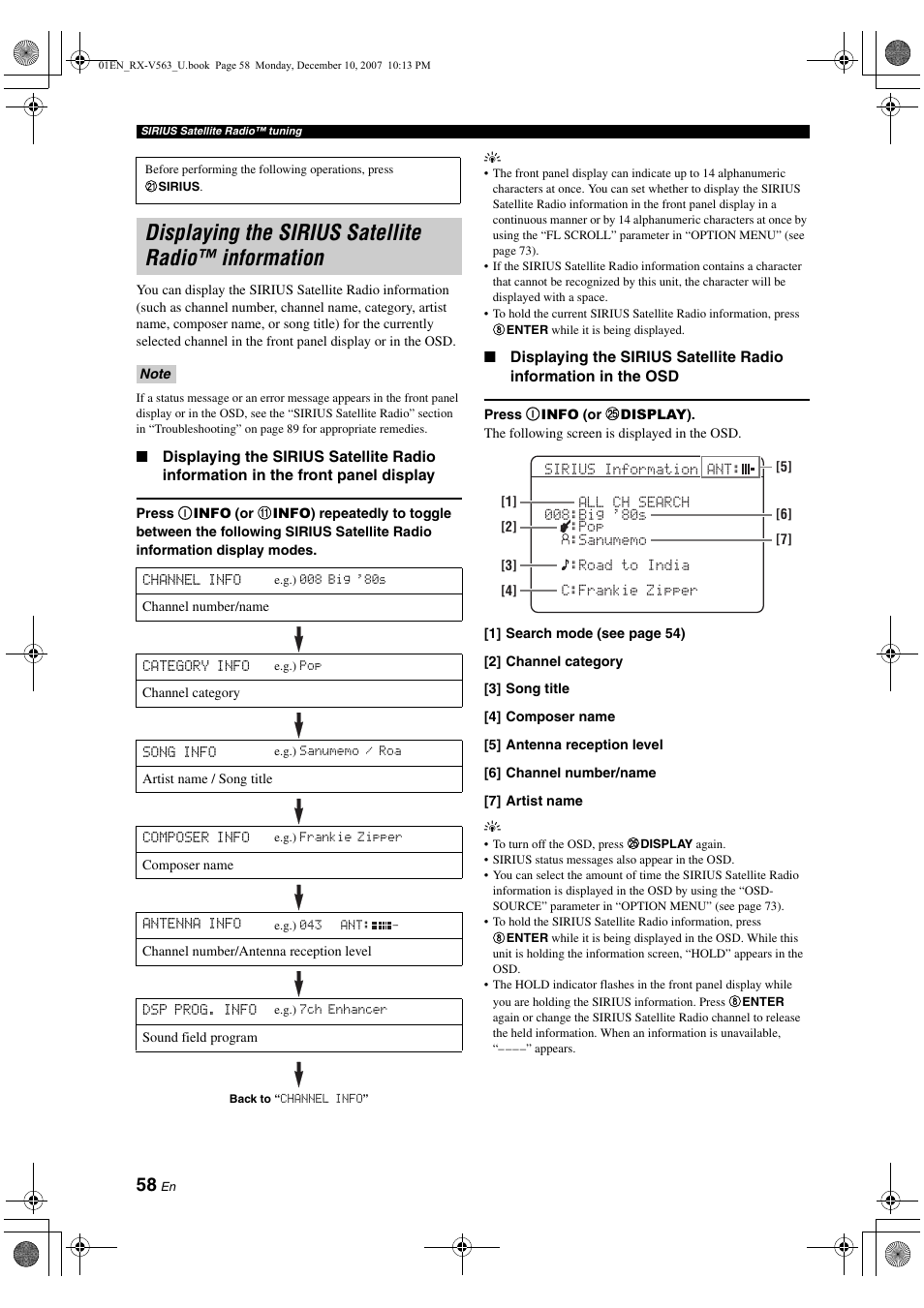 Displaying the sirius satellite radio™ information | Yamaha RX-V563 User Manual | Page 62 / 111