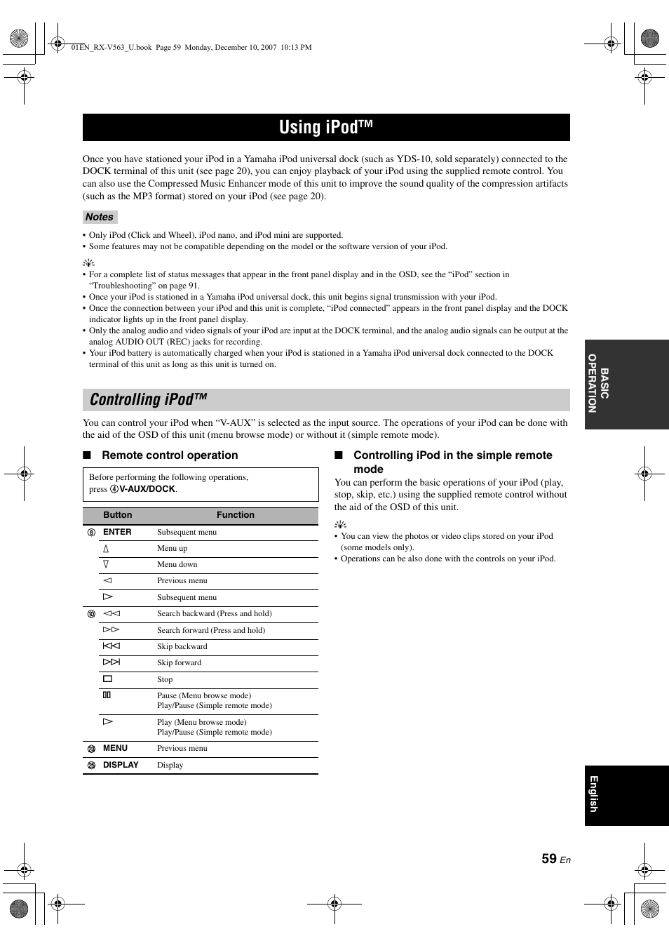 Using ipod, Controlling ipod | Yamaha RX-V563 User Manual | Page 63 / 111