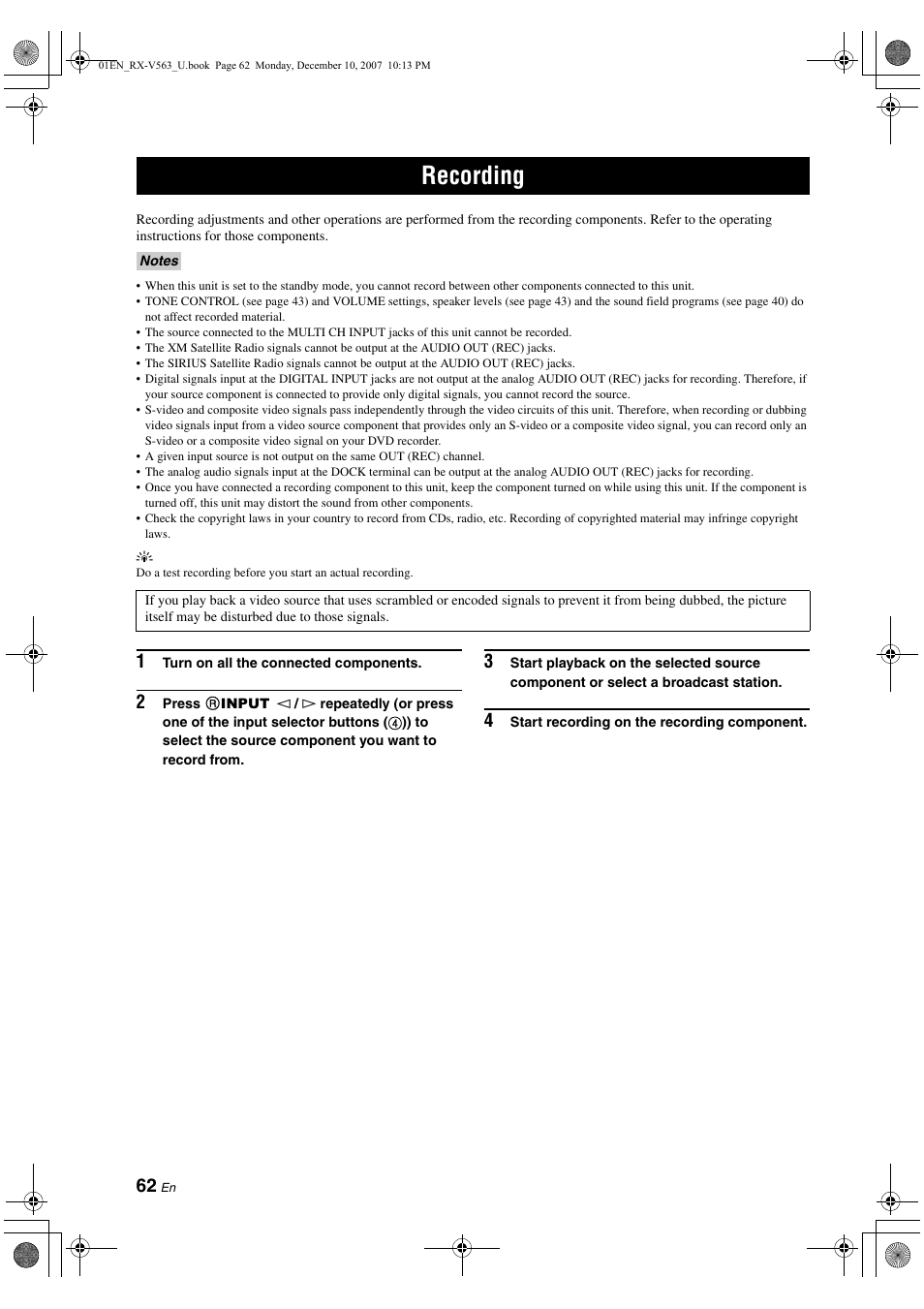 Recording | Yamaha RX-V563 User Manual | Page 66 / 111