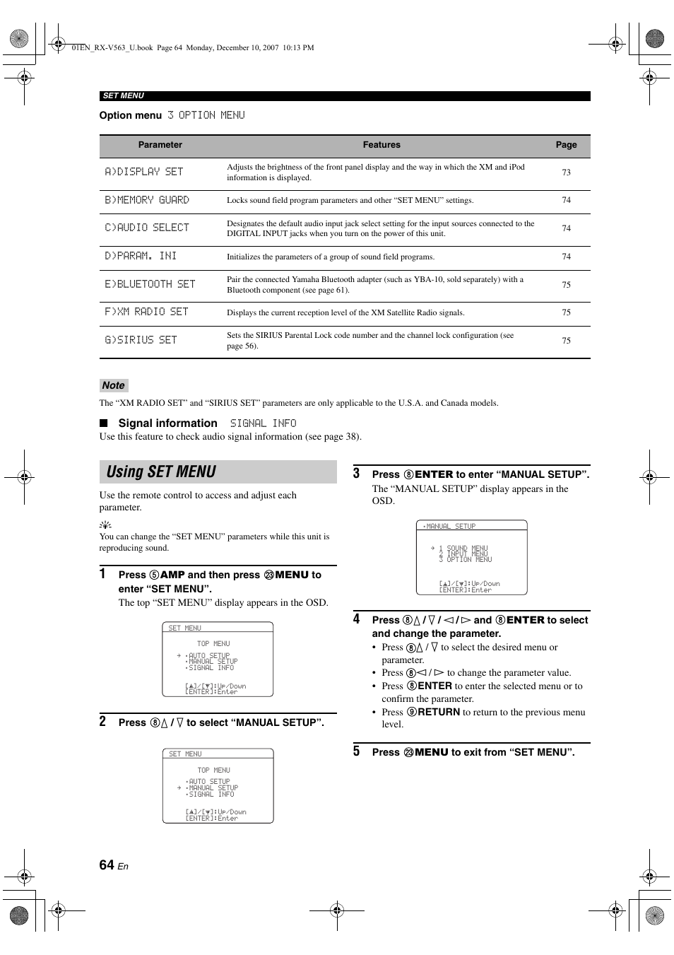 Using set menu | Yamaha RX-V563 User Manual | Page 68 / 111