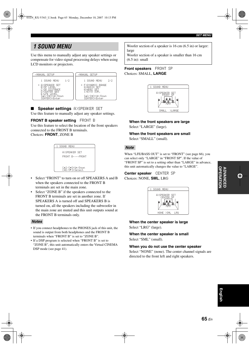 1 sound menu | Yamaha RX-V563 User Manual | Page 69 / 111