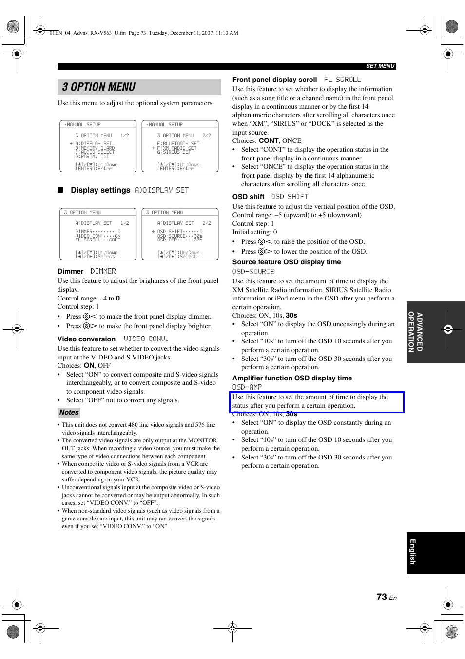 3 option menu | Yamaha RX-V563 User Manual | Page 77 / 111