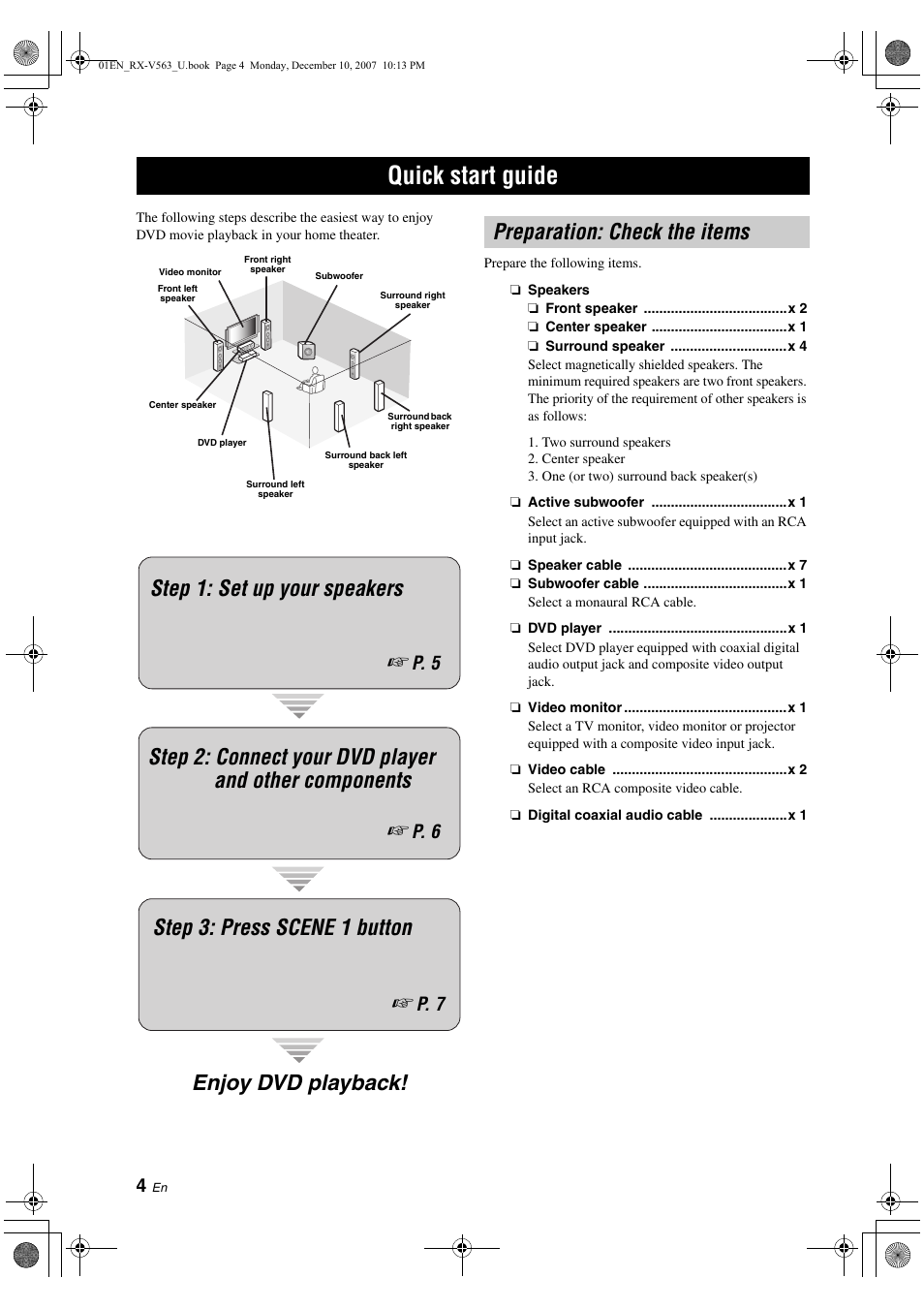 Quick start guide, Preparation: check the items, P. 6 | P. 7, P. 5 | Yamaha RX-V563 User Manual | Page 8 / 111