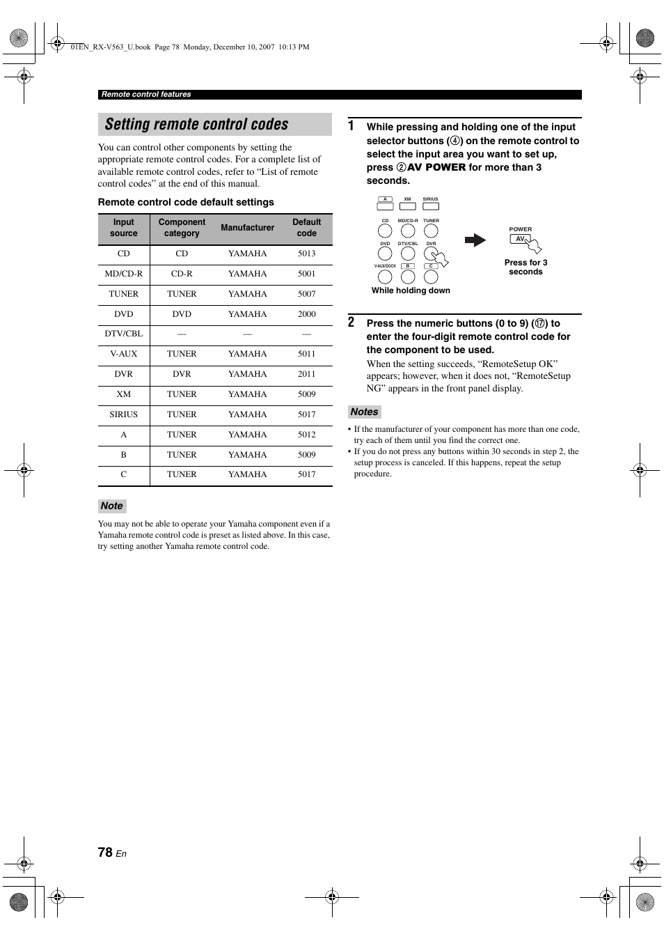 Setting remote control codes | Yamaha RX-V563 User Manual | Page 82 / 111