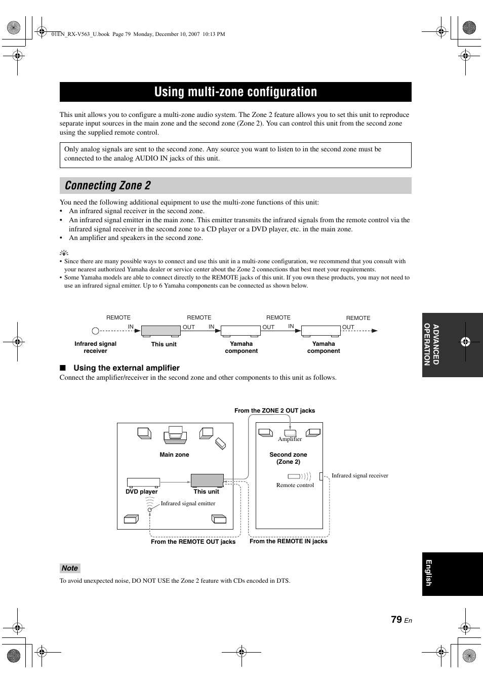 Using multi-zone configuration, Connecting zone 2 | Yamaha RX-V563 User Manual | Page 83 / 111