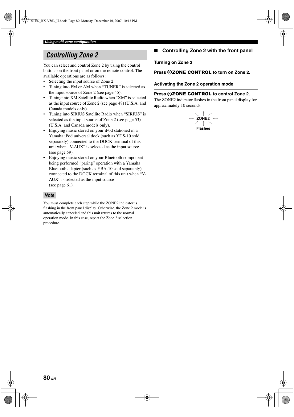 Controlling zone 2 | Yamaha RX-V563 User Manual | Page 84 / 111