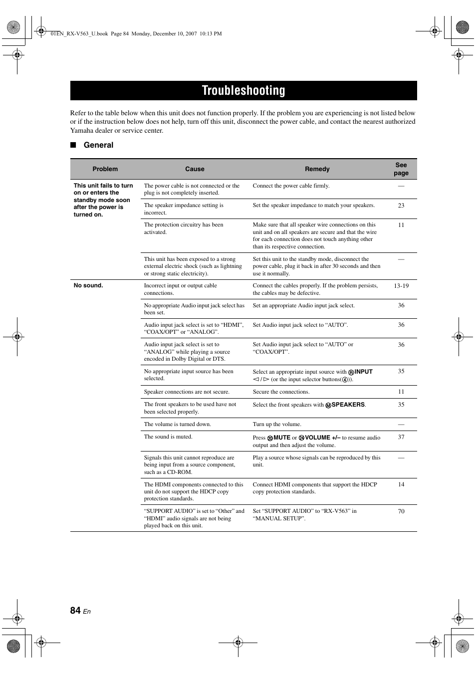 Troubleshooting | Yamaha RX-V563 User Manual | Page 88 / 111