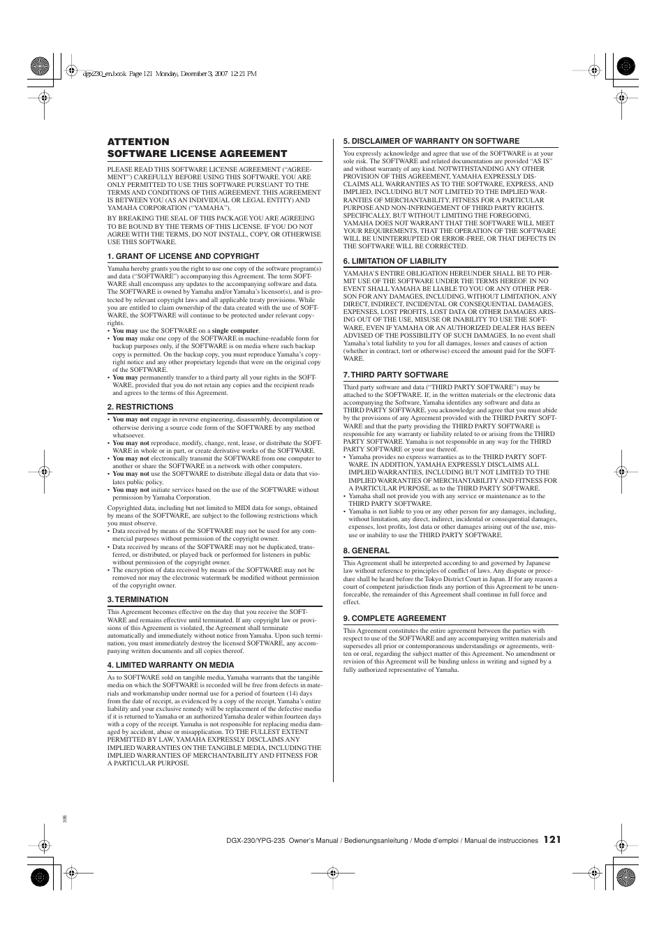 Acuerdo de licencia de software, Attention, Software license agreement | Yamaha DGX-230 User Manual | Page 121 / 128