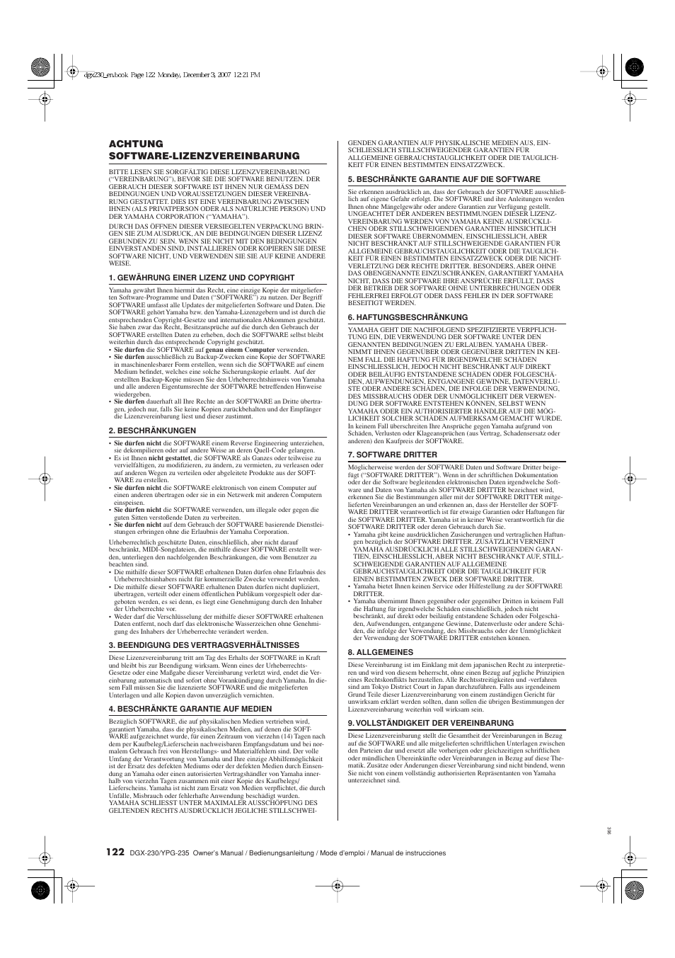 Achtung, Software-lizenzvereinbarung | Yamaha DGX-230 User Manual | Page 122 / 128