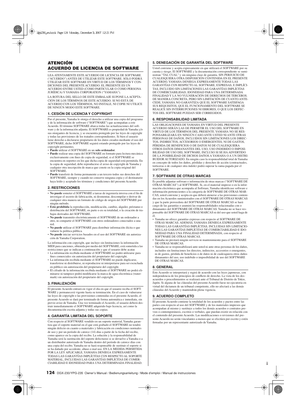 Atención, Acuerdo de licencia de software | Yamaha DGX-230 User Manual | Page 124 / 128