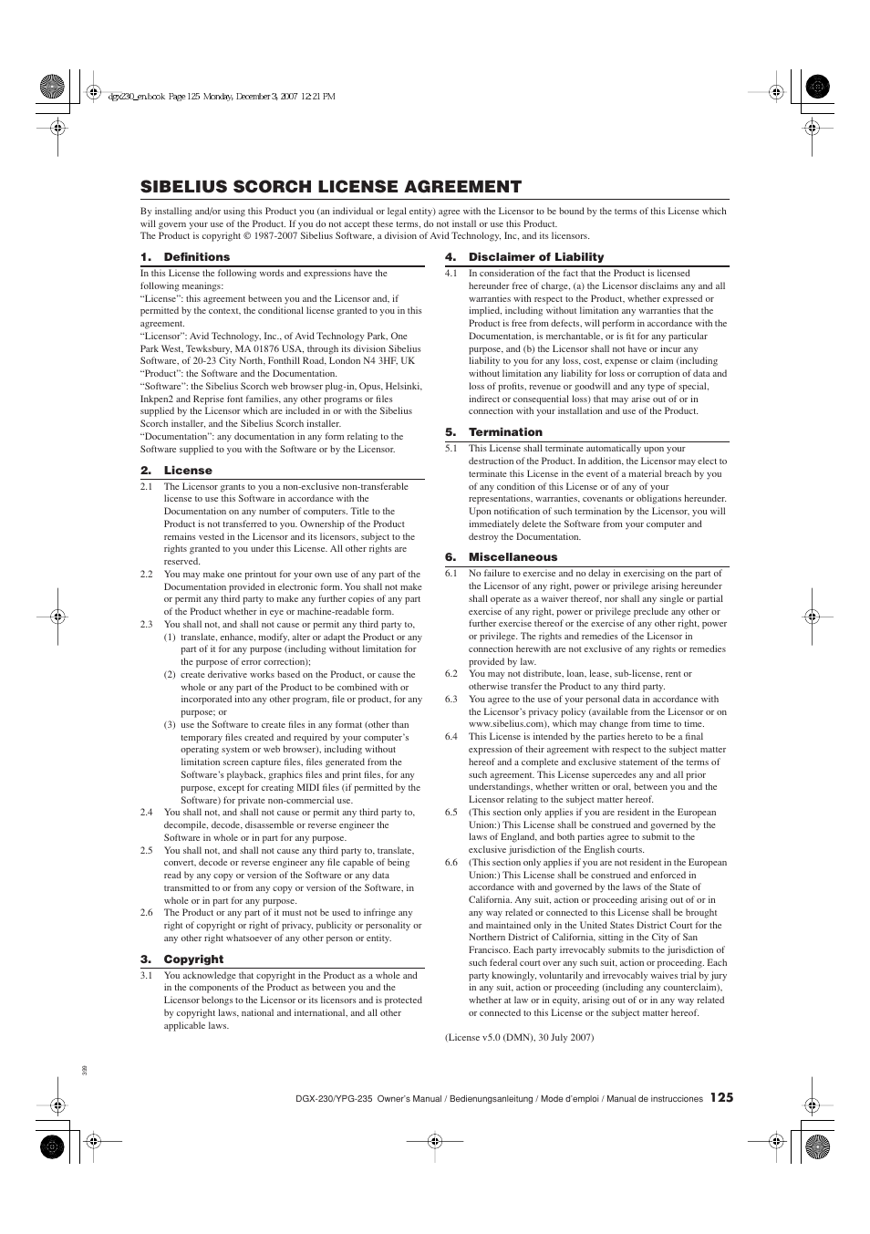 Sibelius scorch license agreement | Yamaha DGX-230 User Manual | Page 125 / 128