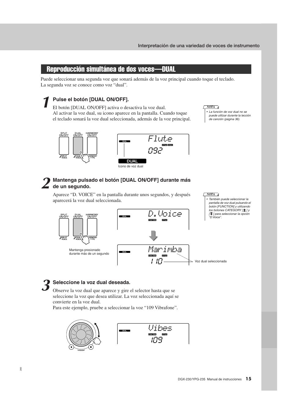 Reproducción simultánea de dos voces-dual, Reproducción simultánea de dos voces—dual, Flute | D.voice, Marimba, Vibes | Yamaha DGX-230 User Manual | Page 15 / 128