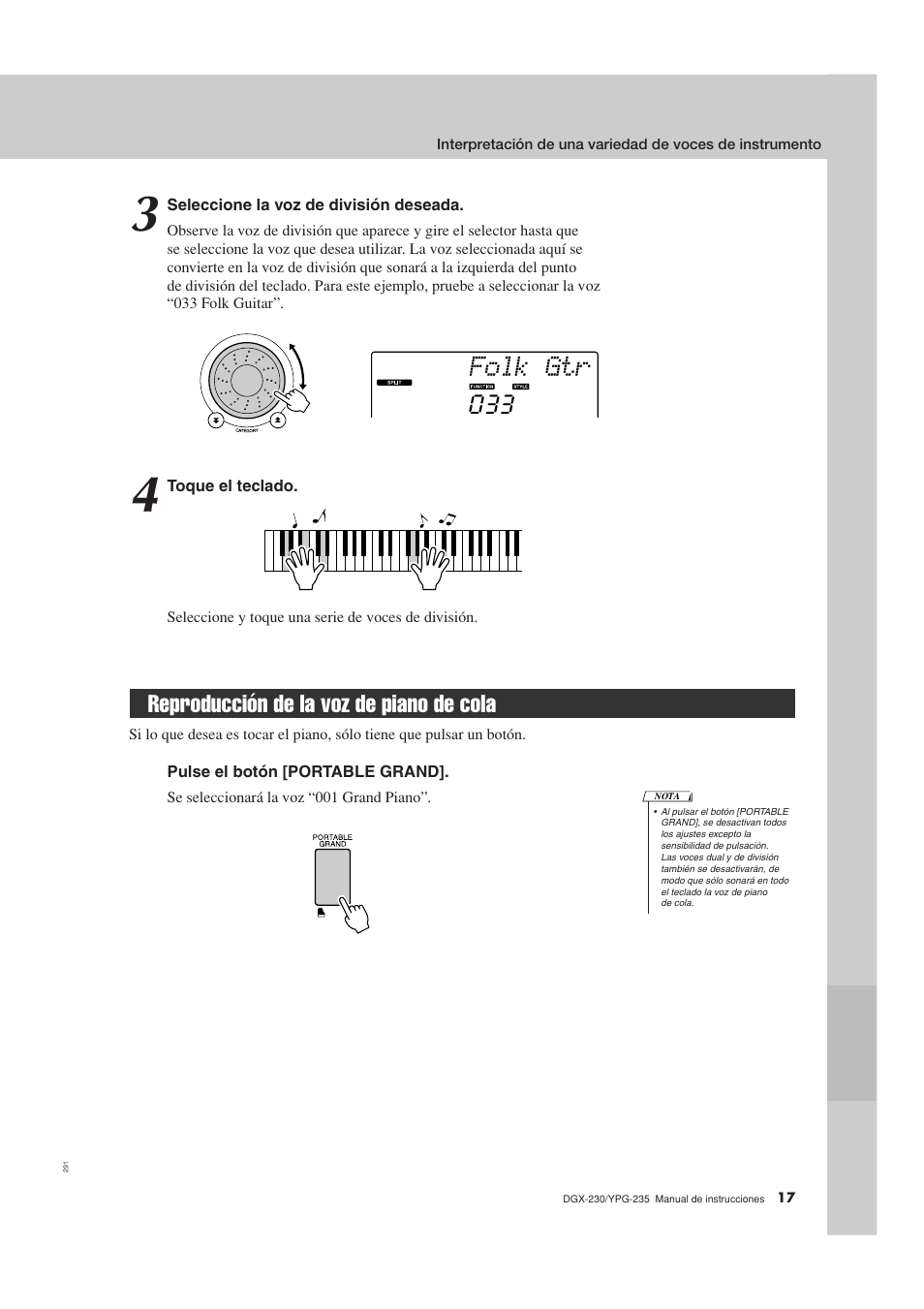 Reproducción de la voz de piano de cola, Folk gtr | Yamaha DGX-230 User Manual | Page 17 / 128