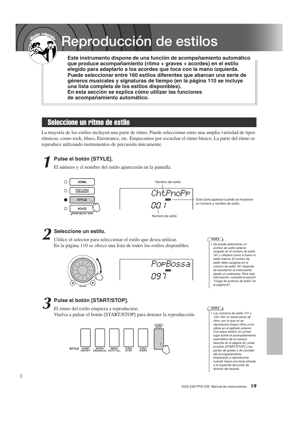 Reproducción de estilos, Seleccione un ritmo de estilo, Chtpnopp | Popbossa | Yamaha DGX-230 User Manual | Page 19 / 128