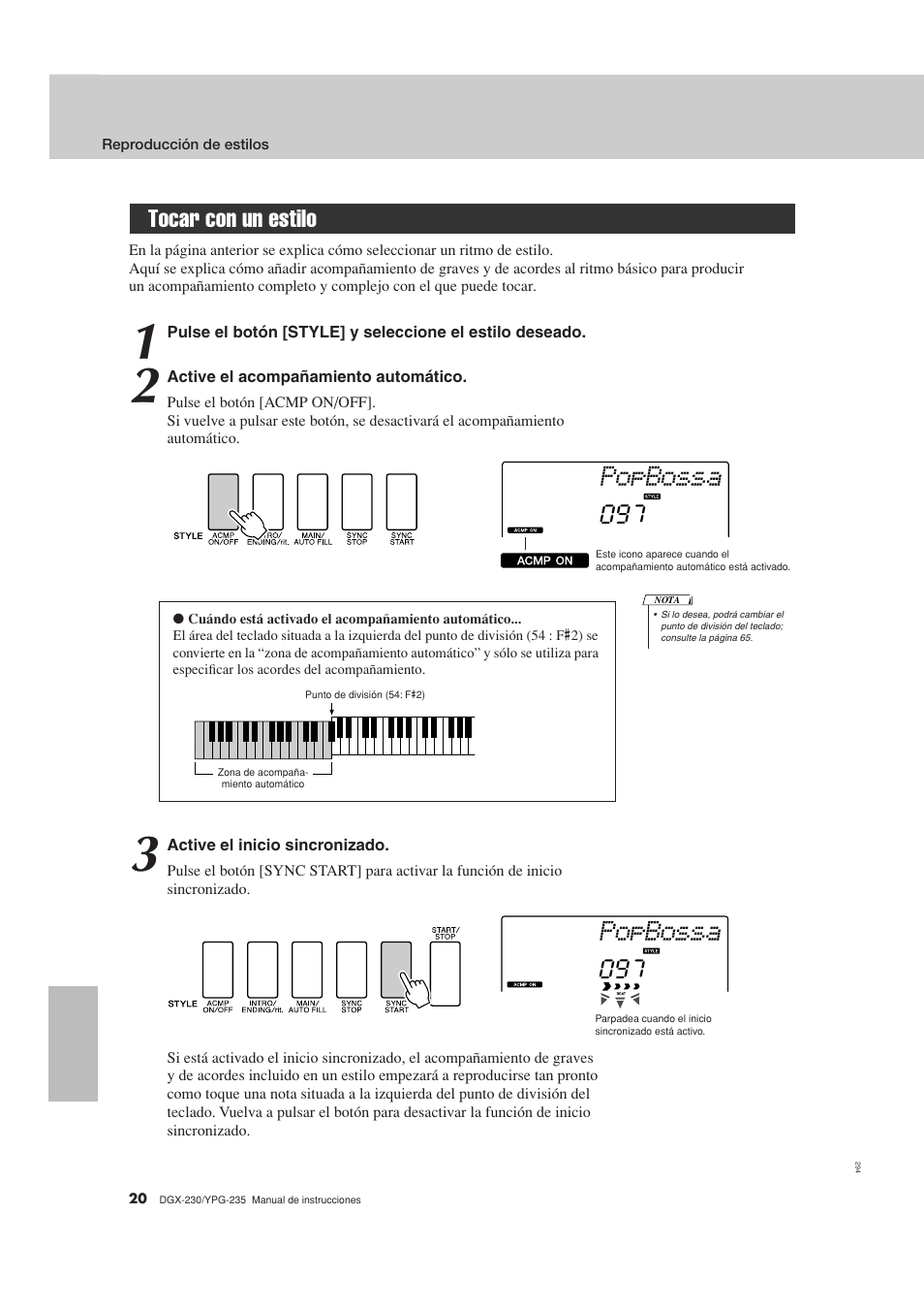Tocar con un estilo, Popbossa | Yamaha DGX-230 User Manual | Page 20 / 128