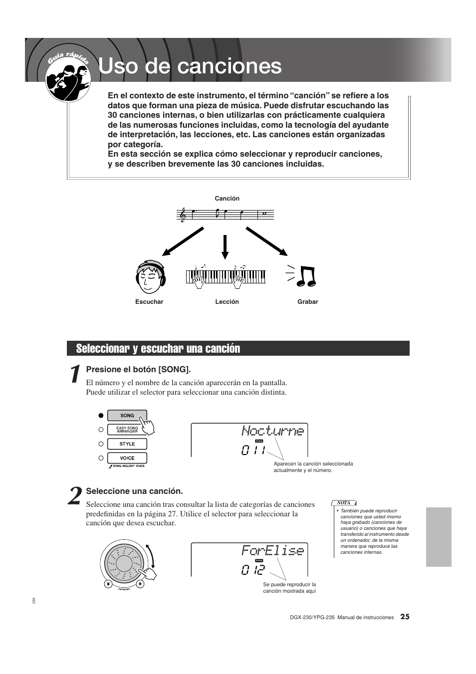 Uso de canciones, Seleccionar y escuchar una canción, Nocturne | Forelise | Yamaha DGX-230 User Manual | Page 25 / 128