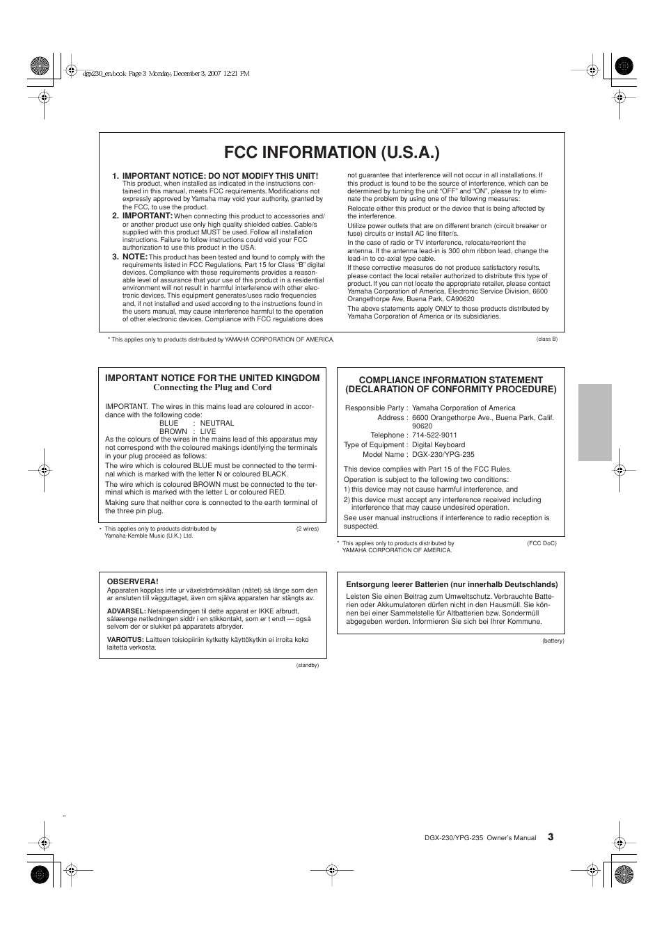 Fcc information (u.s.a.) | Yamaha DGX-230 User Manual | Page 3 / 128