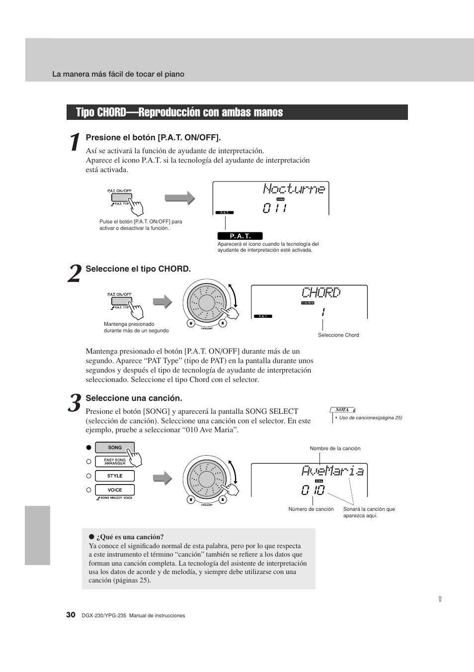 Tipo chord-reproducción con ambas manos, Tipo chord—reproducción con ambas manos, Nocturne | Chord, Avemaria | Yamaha DGX-230 User Manual | Page 30 / 128