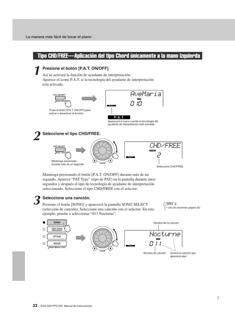 Tipo chd/free—aplicación del tipo chord únicamente, A la mano izquierda, Avemaria | Chd/free, Nocturne | Yamaha DGX-230 User Manual | Page 32 / 128