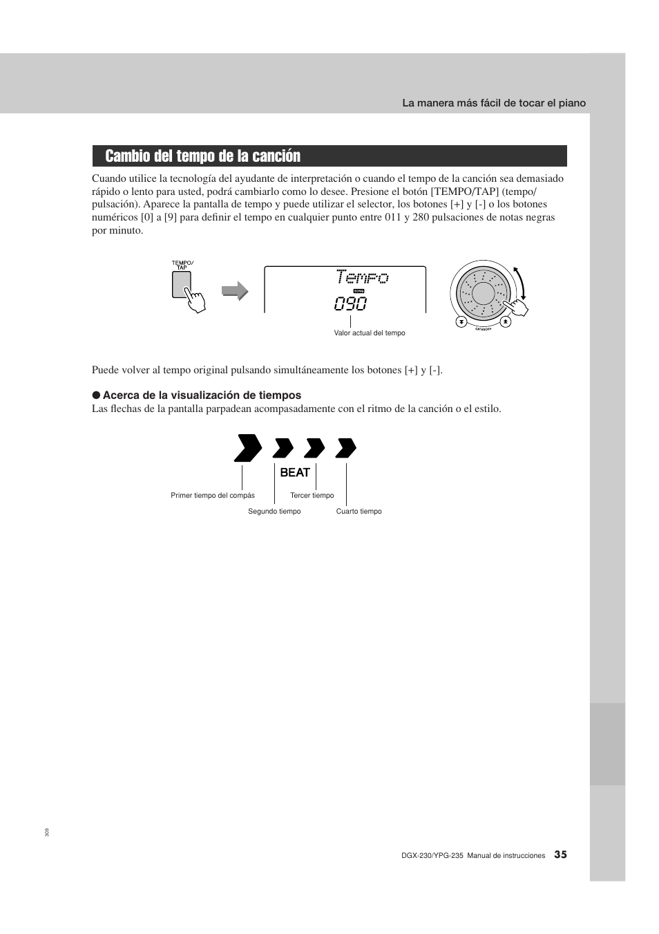 Cambio del tempo de la canción, Tempo | Yamaha DGX-230 User Manual | Page 35 / 128