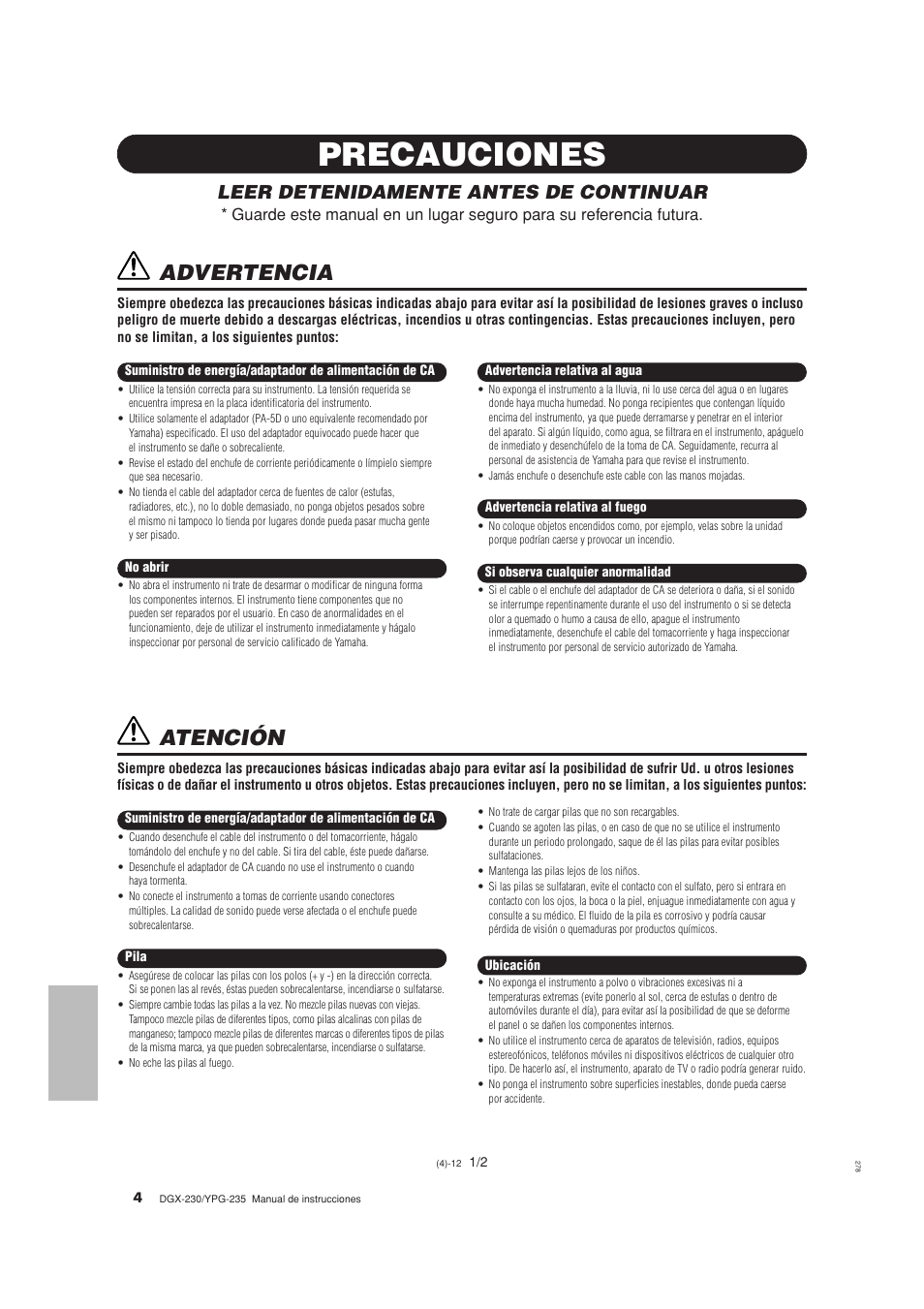 Precauciones, Advertencia, Atención | Leer detenidamente antes de continuar | Yamaha DGX-230 User Manual | Page 4 / 128