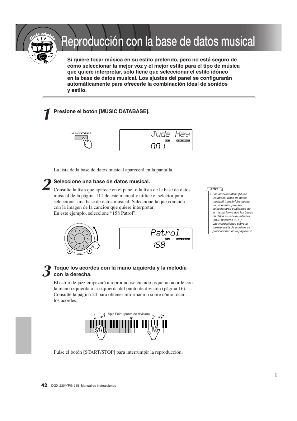 Reproducción con la base de datos musical, Jude hey, Patrol | Yamaha DGX-230 User Manual | Page 42 / 128