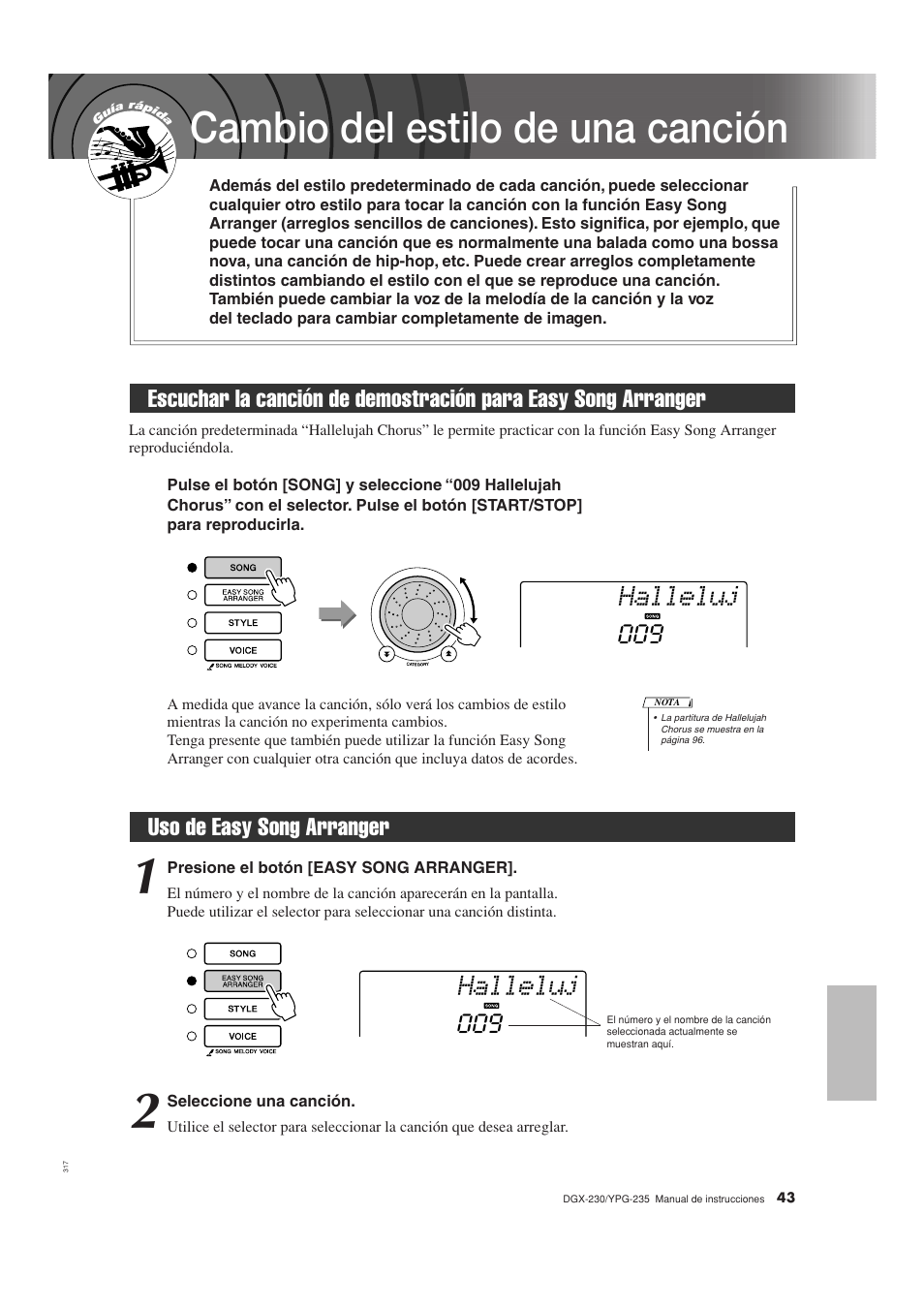 Cambio del estilo de una canción, Uso de easy song arranger, Escuchar la canción de demostración para | Easy song arranger, Halleluj | Yamaha DGX-230 User Manual | Page 43 / 128