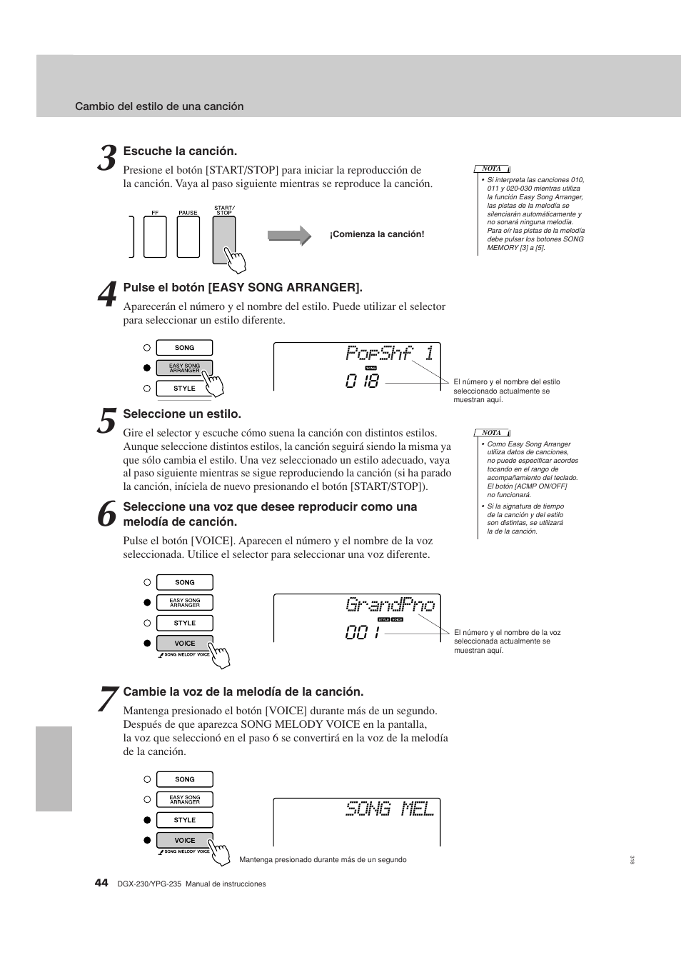 Popshf 1, Grandpno, Song mel | Yamaha DGX-230 User Manual | Page 44 / 128