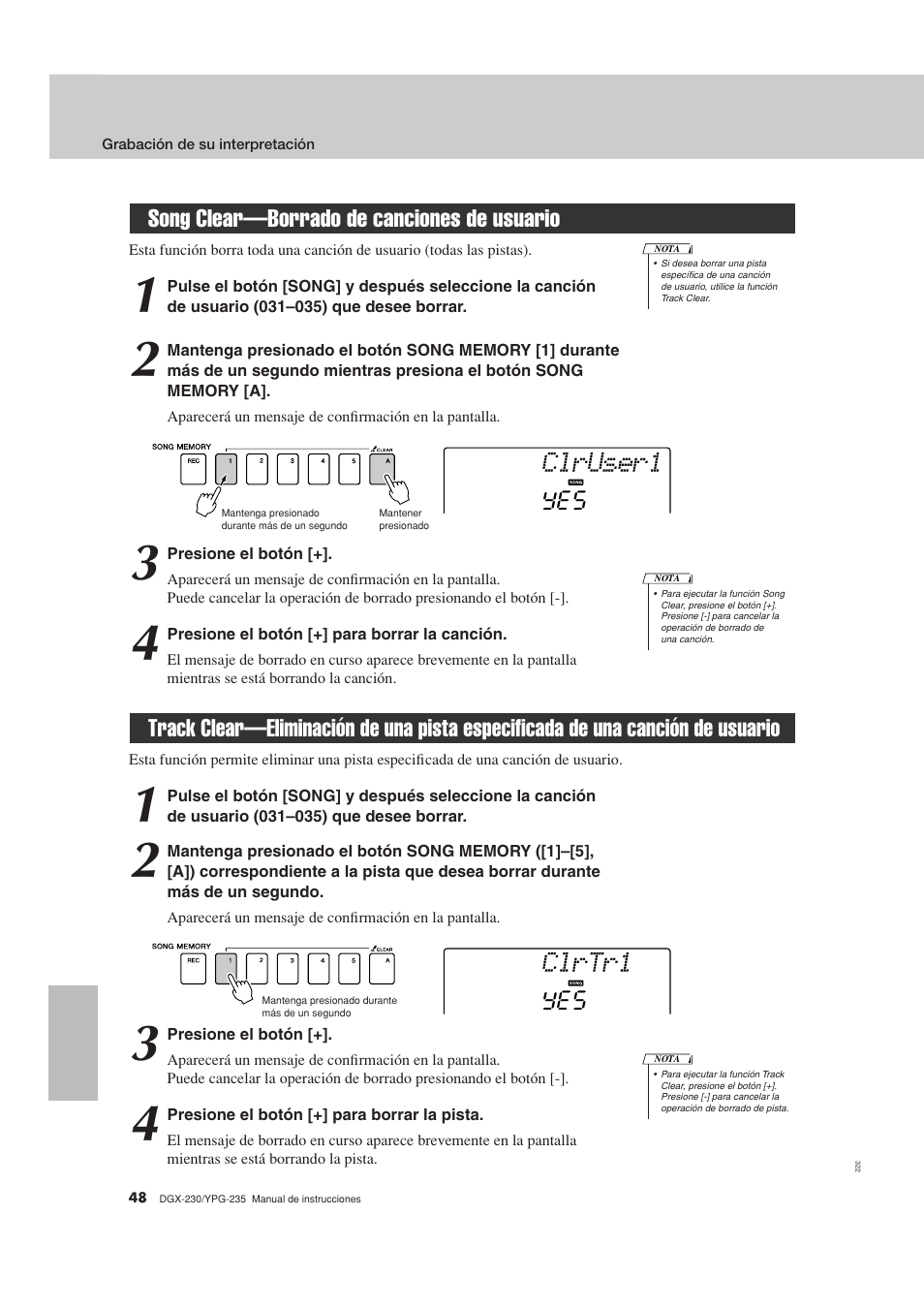 Song clear-borrado de canciones de usuario, De una canción de usuario, Clruser1 | Clrtr1, Song clear—borrado de canciones de usuario | Yamaha DGX-230 User Manual | Page 48 / 128